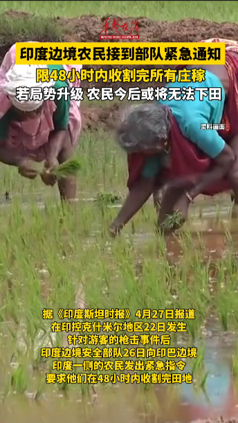 印度邊境農(nóng)民被部隊通知收割田地