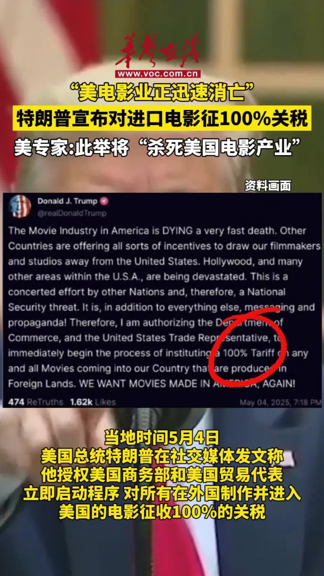 特朗普宣布對進(jìn)口電影征收100%的關(guān)稅