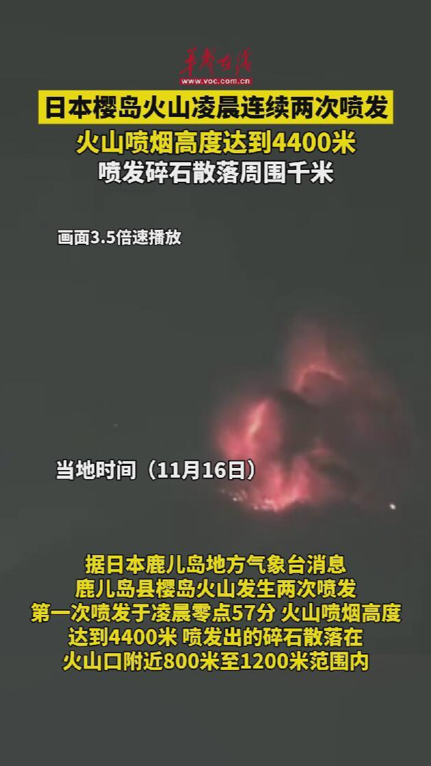 日本櫻島火山凌晨連續兩次噴發