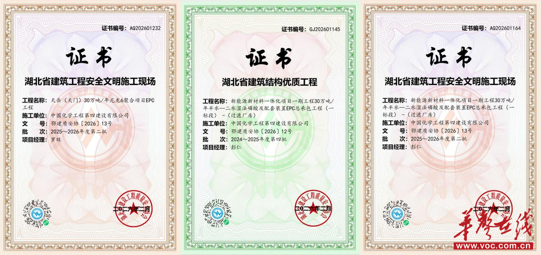 安全生产“零事故” 环保措施“全落地”：四化建两项目荣获湖北省建筑工程安全文明等多项荣誉