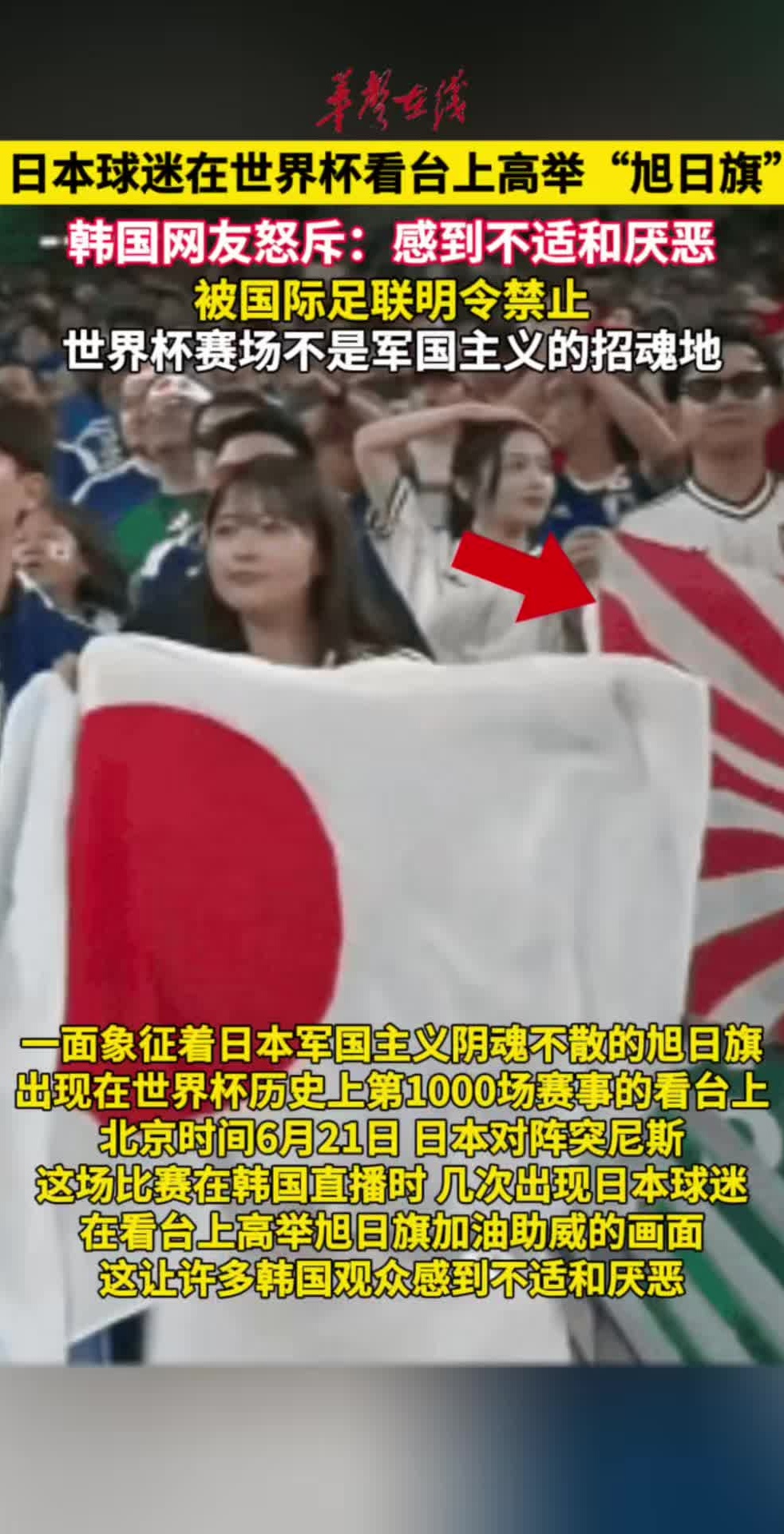 日本球迷在世界杯看台上高举旭日旗，韩国网友怒斥