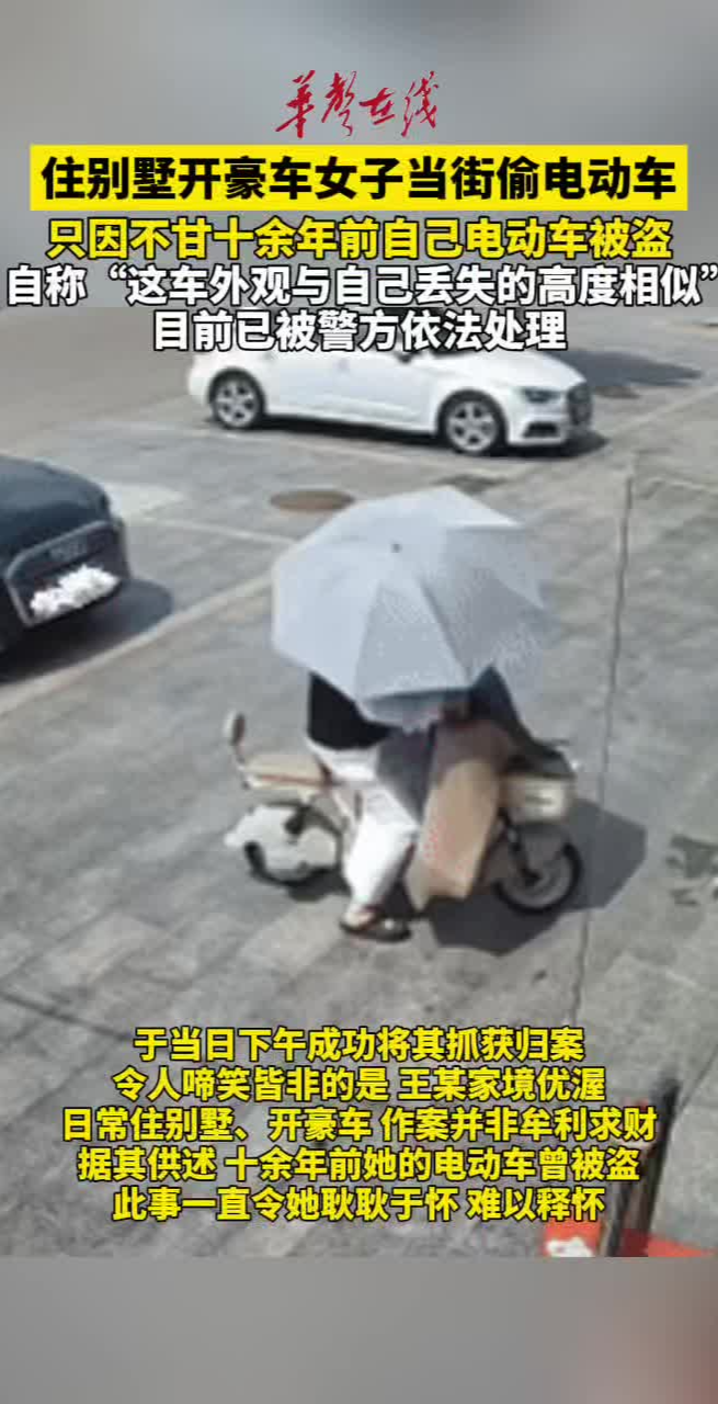 女子住别墅开豪车当街偷电动车 