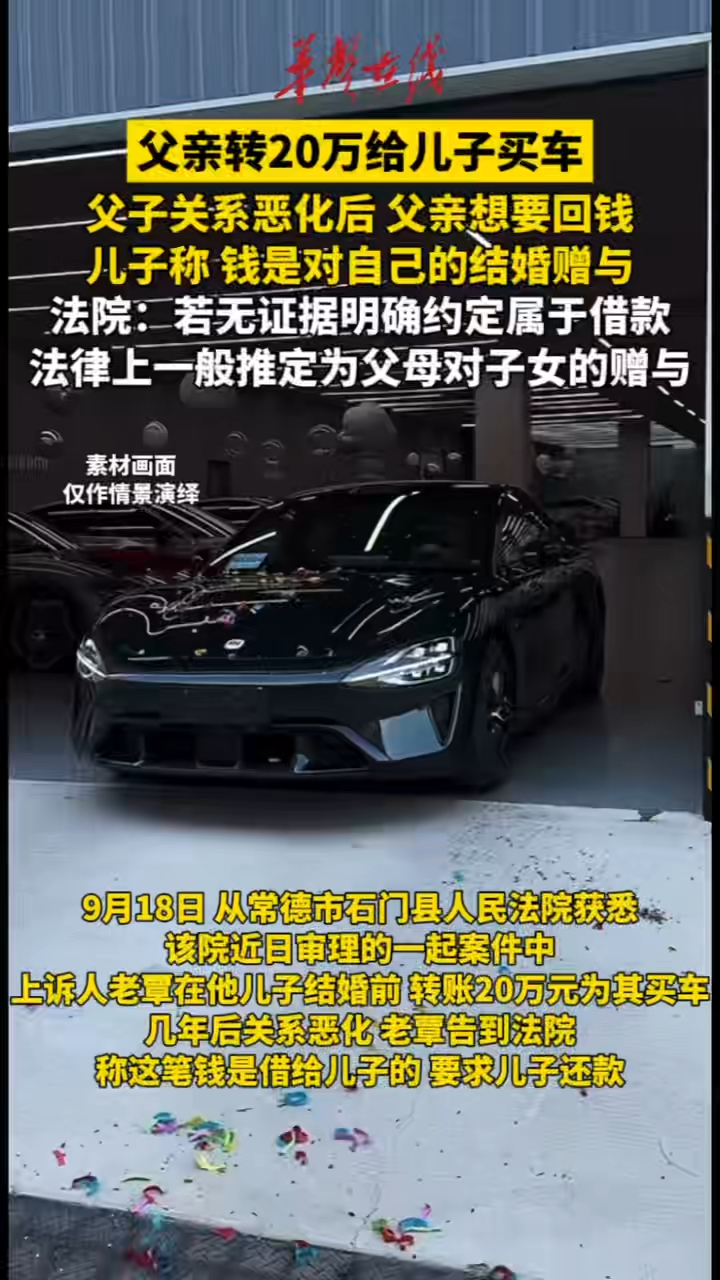 父亲转20万给儿子买车后起诉要回
